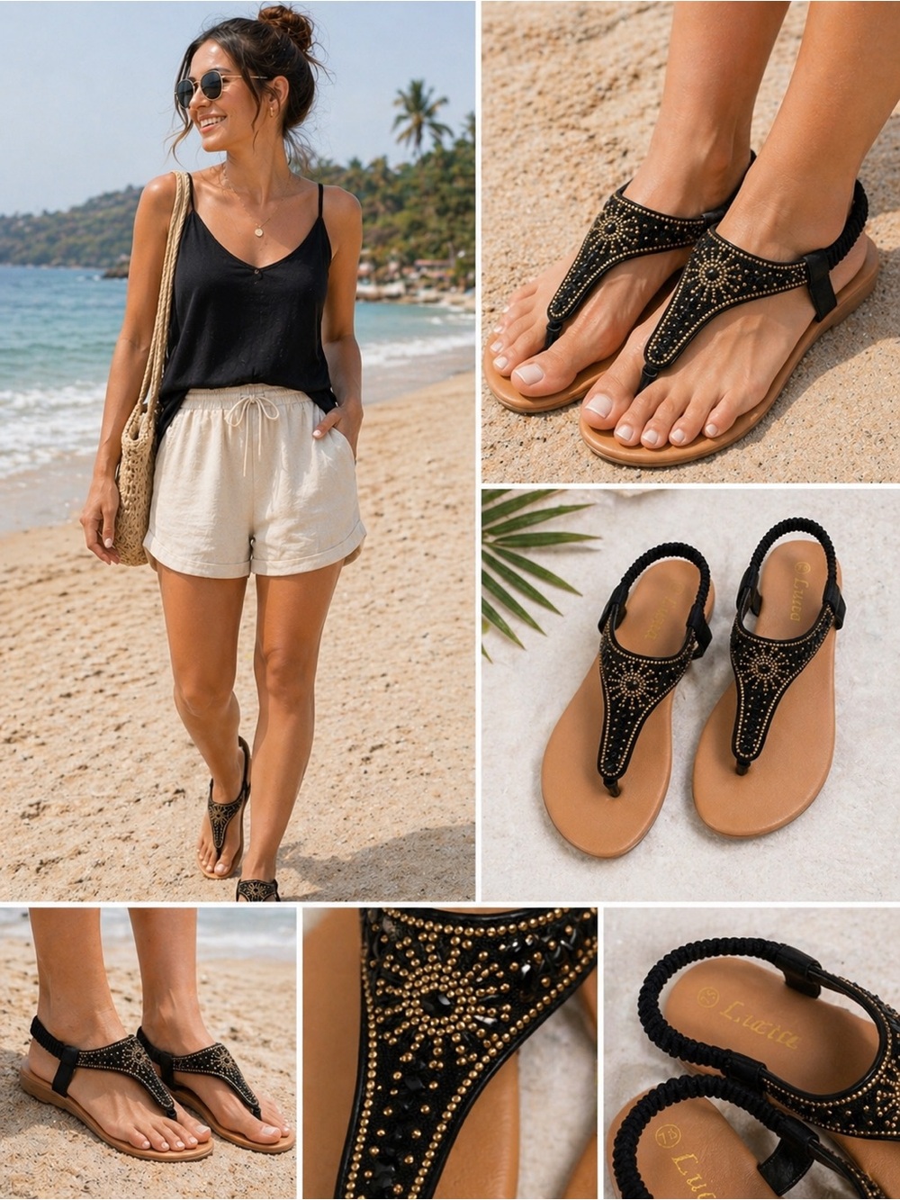Black T-Strap Sandals Gold Embellished Elastic Back Flat Size 7.5